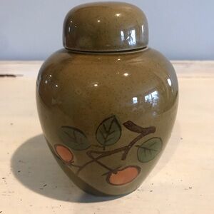Vintage Ginger Jar With Lid Olive Green With Hand Painted Cherries